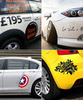 Cars with various decals, showcasing pinstripes and stickers, ideal for use with 4 Inch Decal Remover Eraser Wheel Kit With Drill Attachment For Cars RVs Boats Rubber Power Drill Tool Set For Removing Pinstripes Stickers Vinyl Decals Adhesive Residue Safe On Painted Surfaces.