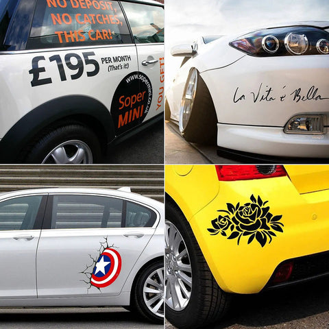 Cars with various decals, showcasing pinstripes and stickers, ideal for use with 4 Inch Decal Remover Eraser Wheel Kit With Drill Attachment For Cars RVs Boats Rubber Power Drill Tool Set For Removing Pinstripes Stickers Vinyl Decals Adhesive Residue Safe On Painted Surfaces.