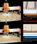 Upgrade Your CNC Router With T Slot Hybrid Spoilboard Work Table Kit For Masuter Pro Masuter 3 And Masuter 3S Featuring DIY Friendly Grooved Joint Panels And Brackets For Solid Connection Quick Setup And Precise Machining displayed in CNC setup with MDF and interlock details