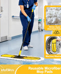 Pro Level Heavy Duty 36 Inch Commercial Dust Mop With Adjustable Telescoping Handle Industrial Janitor Broom in use on shiny floor.