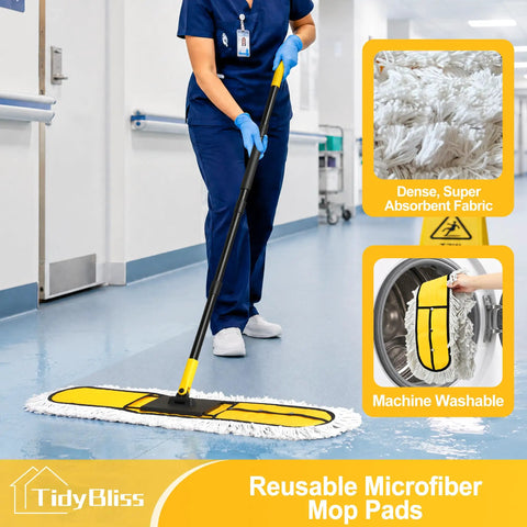 Pro Level Heavy Duty 36 Inch Commercial Dust Mop With Adjustable Telescoping Handle Industrial Janitor Broom in use on shiny floor.