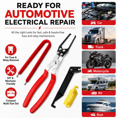 Four Piece Relay And Fuse Puller Set For Tight Spaces with two large relay pullers and two precision mini fuse pullers features