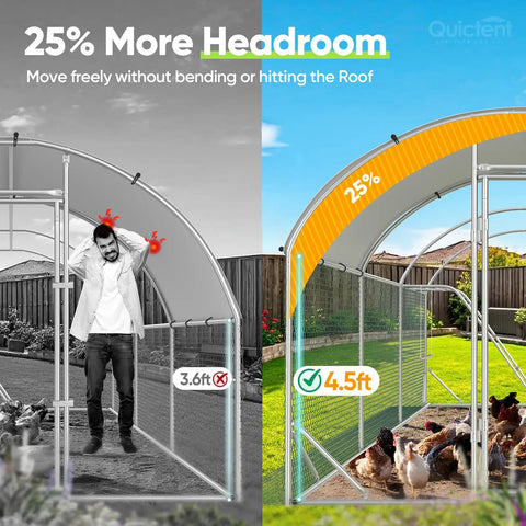 Comparison of Essential Series 18x9x6.6ft Metal Chicken Coop Run headroom, showing improved 4.5ft height with waterproof UV cover