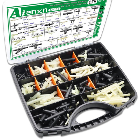 Front view of Aienxn 159-piece automotive vacuum line connector kit in open plastic case with white/black fittings.