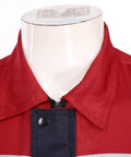 Men Heavy Duty Mechanic Uniform Short Sleeve Work Shirt Built Tough Contrast Utility Top With Safety Reflective Stripes Zip Front Drop Collar Red Navy Blue Job Site Staple close-up view of zip front and drop collar design.