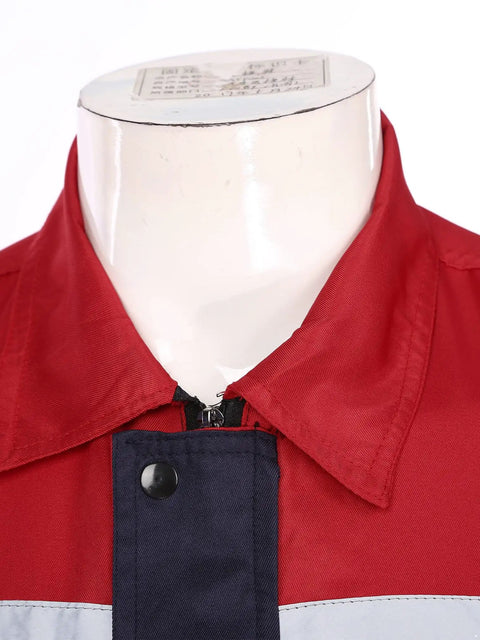 Men Heavy Duty Mechanic Uniform Short Sleeve Work Shirt Built Tough Contrast Utility Top With Safety Reflective Stripes Zip Front Drop Collar Red Navy Blue Job Site Staple close-up view of zip front and drop collar design.