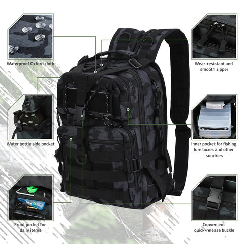 Tactical Fishing Tackle Backpack For All Weather Conditions With Waterproof Oxford Fabric And Heavy Duty Stitching, black color
