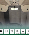 Interior view of a Mercedes Benz Sprinter Van with Olive Gray Four Season Sliding Door Window Cover For Mercedes Benz Sprinter Vans 2007 Through 2022 Insulated Thermal Shield Locks In Heat And Keeps You Cozy installed.