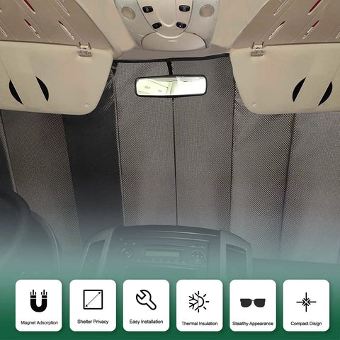 Interior view of a Mercedes Benz Sprinter Van with Olive Gray Four Season Sliding Door Window Cover For Mercedes Benz Sprinter Vans 2007 Through 2022 Insulated Thermal Shield Locks In Heat And Keeps You Cozy installed.