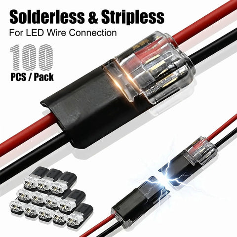 Close-up of Two Pin Quick Clip Wire Connectors With Locking Buckle For Quick DIY Wiring, 100 Pack Snap On Plug In Blocks For Strip Lights.