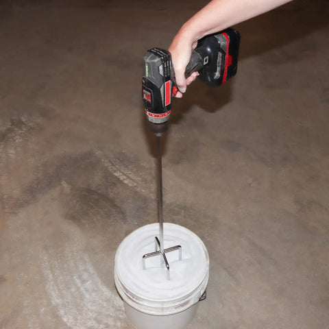 Power Drill Mixer Attachment For Paint Cement Grout And Thinset 5 Inch By 24 Inch Bucket Mixing Tool in use with bucket