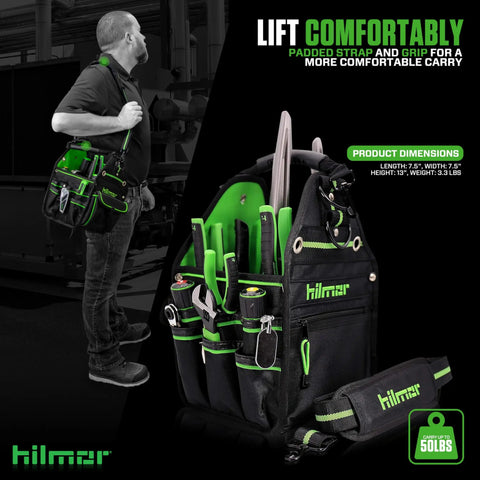 Man carrying HVAC Tool Tote Bag With 27 Pockets And 13 Inch Size, Water Resistant Pro Carryall For HVACR Tools, Black And Green.