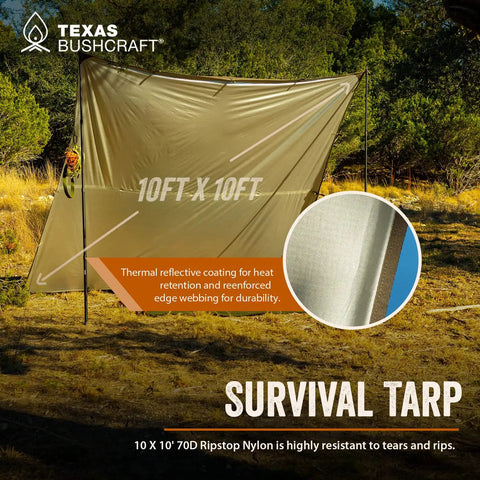 Beefy Waterproof 10x10 Camping Tarp Emergency Shelter with reflective polymer and grommets set up outdoors for backpacking.