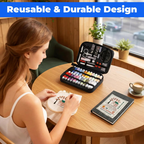 Woman using Beginner Embroidery Kit With 86-Piece Tools Set And Hoop, includes threads, needles, pre-printed fabrics on desk
