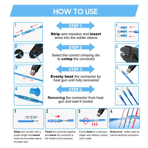 Instructions for using 500-Piece Heavy-Duty Heat Shrink Wire Connectors Kit With 2-In-1 Electrical Terminal Set Waterproof Solder Seal Connectors Insulated Spade Butt Ring Fork Terminals For Marine, Truck And DIY Projects.
