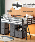 Twin Loft Bed With Six Storage Drawers Built In Bookcase LED Lights Play Curtain Kid Friendly Safety Rails And Ladder Black Space Saving Two Tier Design For Active Kids shown in a room setting highlighting safety features.