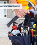 Close-up of handyman tool belt with hammer, pliers, screwdrivers, and PVC pipe reamer for half inch fittings, drill driven reaming tool.