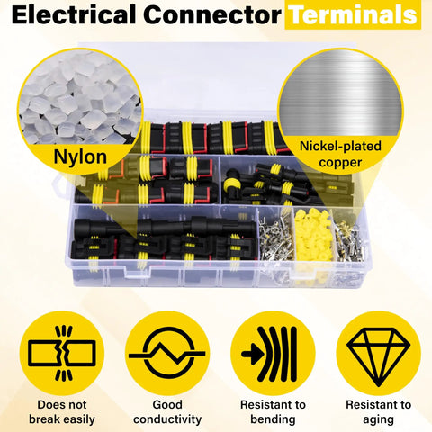 352 Piece Waterproof Car Electrical Connector Kit with nylon and nickel-plated copper terminals, organized in a case.