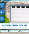 Magnetic Garage Door Window Panels Kit for Two Car Garages, 32 Pcs 4 by 6 Inch Faux Window Panes on white garage door