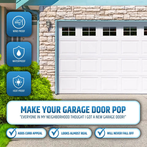 Magnetic Garage Door Window Panels Kit for Two Car Garages, 32 Pcs 4 by 6 Inch Faux Window Panes on white garage door