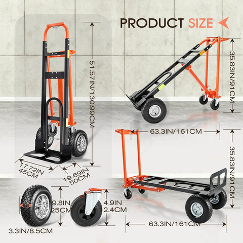 Beefy 4 In 1 Hand Truck With 360 Degree Swivel Casters Non Slip Rubber Wheels 1000 Pound Capacity displayed in various positions