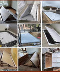 Slick Flush Floor Hatch Door For Basement Cellar Hidden Crawl Space Access Panel Locks Down Firm With Vinyl Tile Granite Or Wood Surfaces Heavy Duty Steel Plate 60X36 Inches shown in various installation angles.