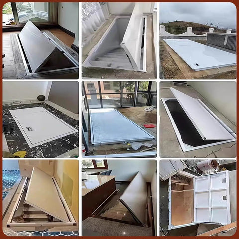Slick Flush Floor Hatch Door For Basement Cellar Hidden Crawl Space Access Panel Locks Down Firm With Vinyl Tile Granite Or Wood Surfaces Heavy Duty Steel Plate 60X36 Inches shown in various installation angles.