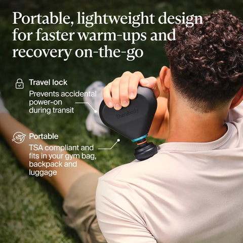 Man using Mini Plus Massage Gun With Heat For Faster Recovery On The Go on shoulder, showing portable design for travel use