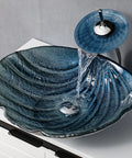 Game Changing Shell Shape Vessel Sink With Tempered Glass Bathroom Vanity Basin, faucet pouring water in blue washbasin