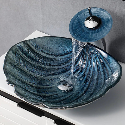 Game Changing Shell Shape Vessel Sink With Tempered Glass Bathroom Vanity Basin, faucet pouring water in blue washbasin