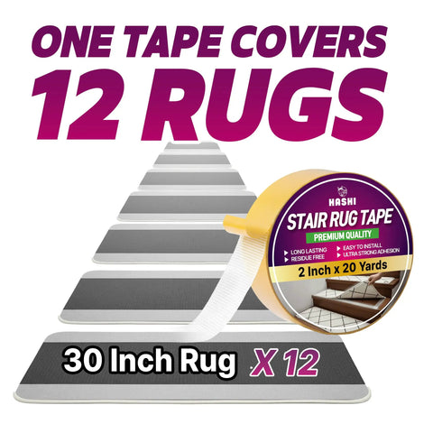 Image of Double Sided Stair Tread Tape 2 Inch By 20 Yard with 12 gray rugs and packaging