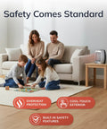 Family in living room with Compact Desktop Ceramic Space Heater With Adjustable Thermostat on table, safety features highlighted.