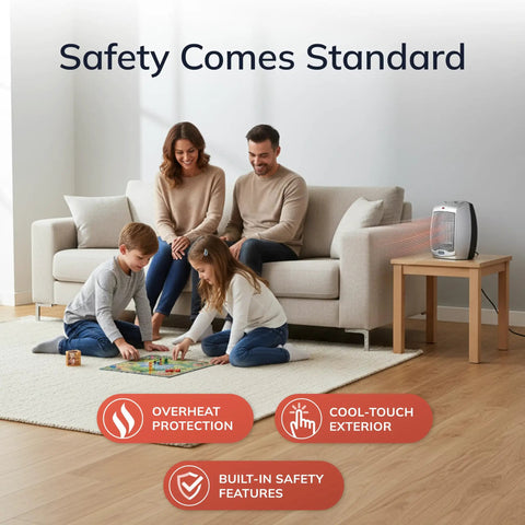 Family in living room with Compact Desktop Ceramic Space Heater With Adjustable Thermostat on table, safety features highlighted.