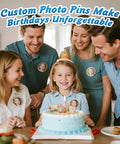 Top Shelf 3 Inch Clear Acrylic Button Pins Bulk 12 Pack DIY Custom Photo Badge Blanks With Snap Together Metal Safety Backings used at a birthday party with smiling family.