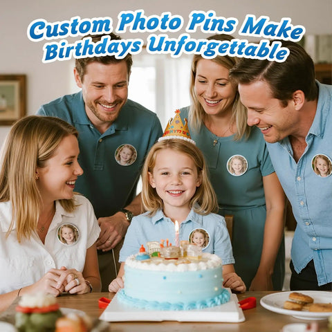 Top Shelf 3 Inch Clear Acrylic Button Pins Bulk 12 Pack DIY Custom Photo Badge Blanks With Snap Together Metal Safety Backings used at a birthday party with smiling family.