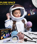 Child using Space Gem Excavation Kit For Kids With Real Gemstones, Solar System STEM Toy For Ages 6 And Up, Archaeology And Geology Science Project Gift, Includes Hammer, Chisel, Brush, Goggles And Magnifier in astronaut helmet.