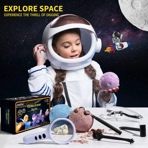 Child using Space Gem Excavation Kit For Kids With Real Gemstones, Solar System STEM Toy For Ages 6 And Up, Archaeology And Geology Science Project Gift, Includes Hammer, Chisel, Brush, Goggles And Magnifier in astronaut helmet.