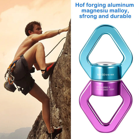 Beefy Safety Rotational Swivel With Aluminum Alloy Double Ball Bearings, Holds Over 8500 Pounds, 360 Degree Spin For Smooth Rope Climbing, Hiking And Workouts, Attaches Up To Three Carabiners, Prevents Rope Twist And Kinking, climber using climbing swivel