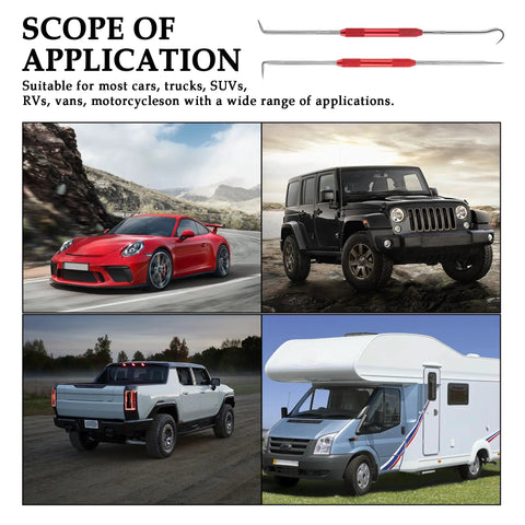 Scope of application for Carbon Steel Hook And Pick Set For Auto Repair, cars and vehicles shown.