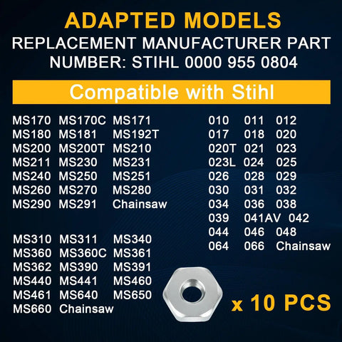 Compatibility chart for Three Piece 13x19 mm Chainsaw Wrench Set With Ten Sprocket Cover Bar Nut Replacements For Stihl Chainsaws