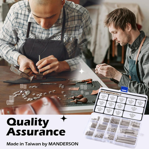 Front view of Manderson stainless steel compression springs assortment kit, 185 pcs, 13 sizes, opened case on workbench