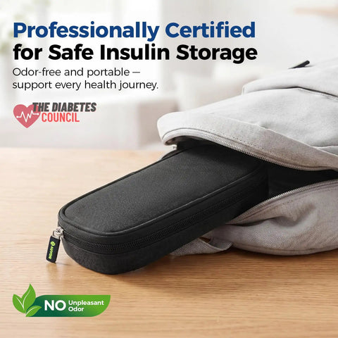 Insulin Cooler Travel Case With Two 90g TSA Ice Packs being placed in a backpack, ideal for insulin pens and meds, portable and compact.
