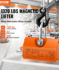 VEVOR magnetic lifter, orange steel housing with lifting hook, 1320 lbs capacity