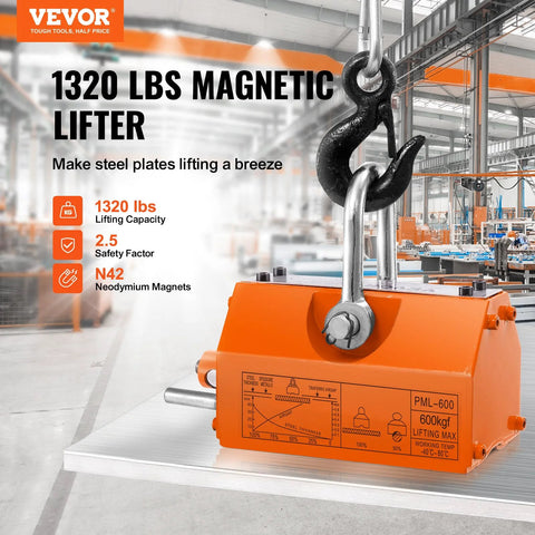 VEVOR magnetic lifter, orange steel housing with lifting hook, 1320 lbs capacity