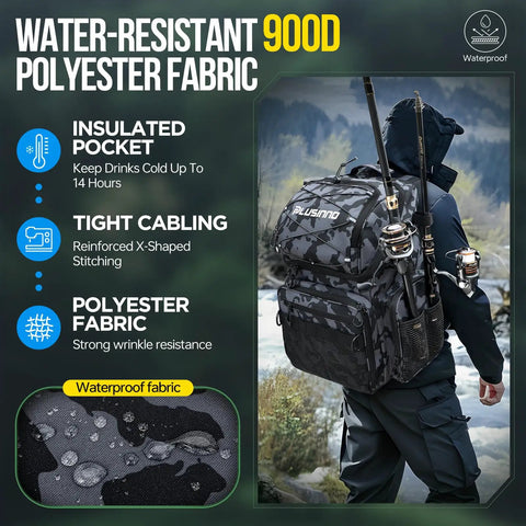 Person wearing Fishing Backpack With Rod Holders And Cooler 45L Water Resistant Tackle Bag For Camping And Outdoor Fishing Rugged Gear Pack