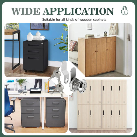 Image of Heavy Duty Three Pack Cam Locks With No Sweat Setup Solid As A Rock Security For Tool Boxes Drawers And Pickup Beds, displayed with cabinets and keys.