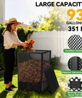 Woman using a Heavy Duty 2 In 1 Outdoor Compost Bin With Lid in a garden, 93-gallon size, made of galvanized steel with rust-proof coating.