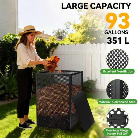 Woman using a Heavy Duty 2 In 1 Outdoor Compost Bin With Lid in a garden, 93-gallon size, made of galvanized steel with rust-proof coating.