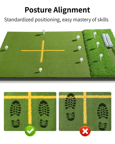 Dual Turf Golf Mat With Ball Tray And Alignment Guide, 9 Fixed Hitting Holes, Thick 10mm Practice Mat For Indoor Outdoor Swing Training