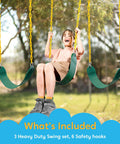 Child enjoying 3 Pack Green Swing Seats Heavy Duty 66 Inch Chains Replacement Swing Set Accessories outdoors with snap hooks.